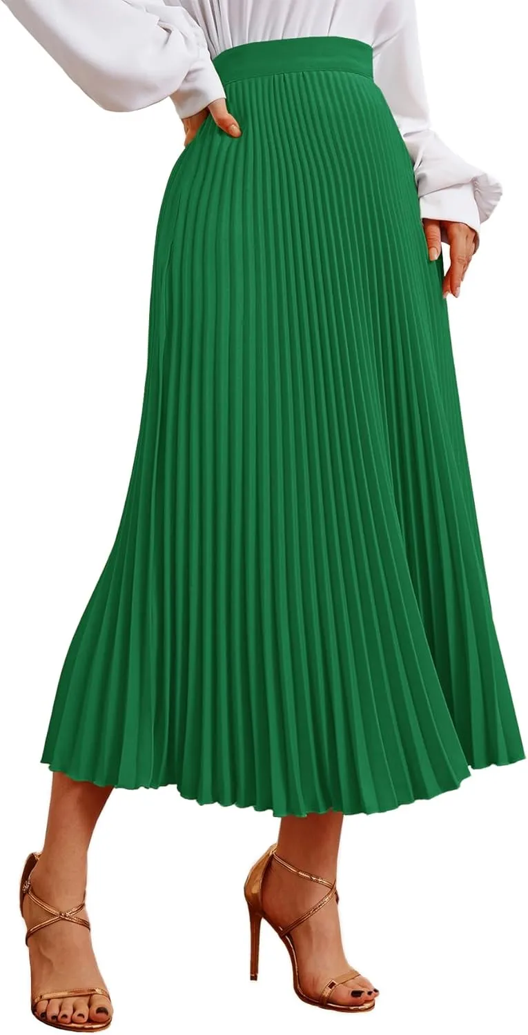 Vrtige Women's Elegant Elastic High Waist Pleated Ruffle Hem A-Line Midi Skirt