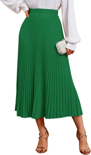 Vrtige Women's Elegant Elastic High Waist Pleated Ruffle Hem A-Line Midi Skirt