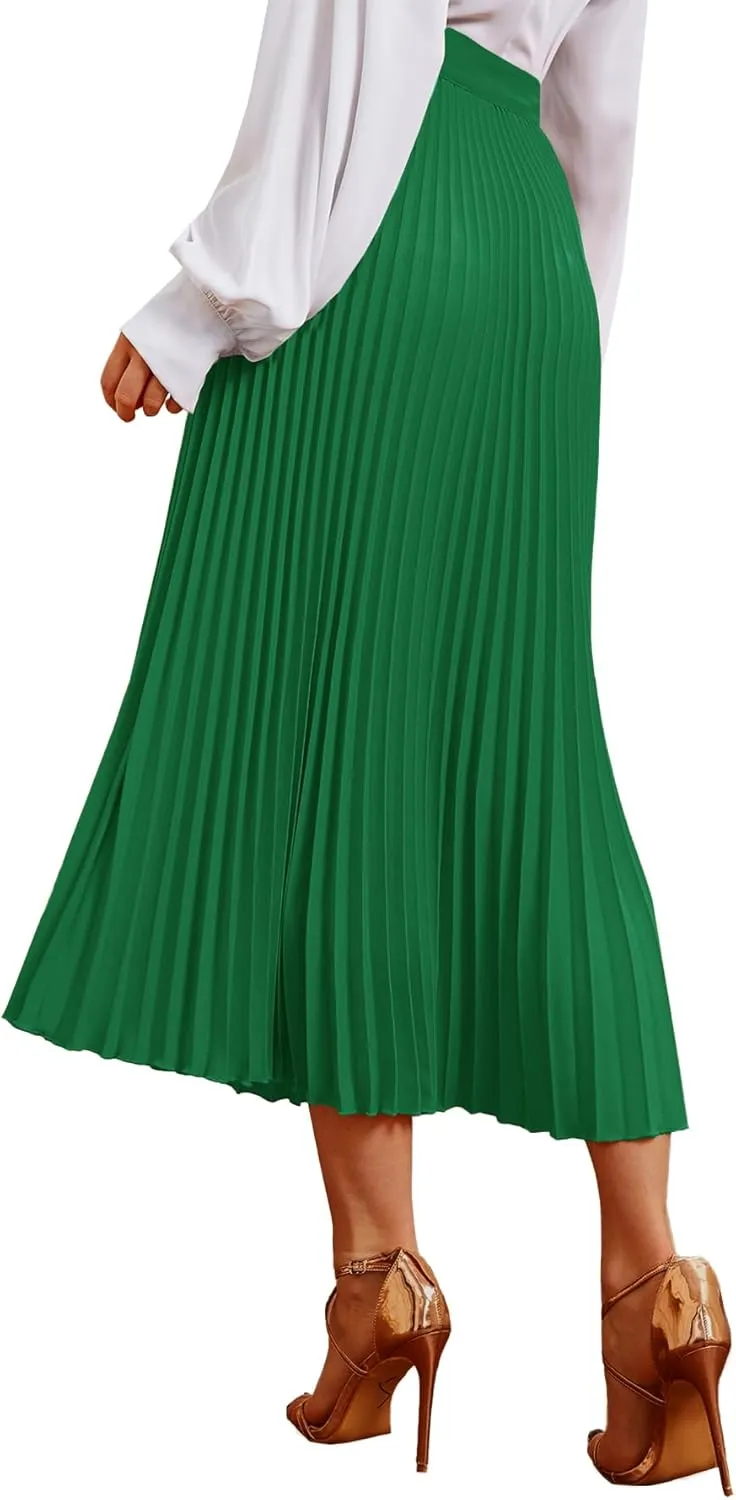 Vrtige Women's Elegant Elastic High Waist Pleated Ruffle Hem A-Line Midi Skirt