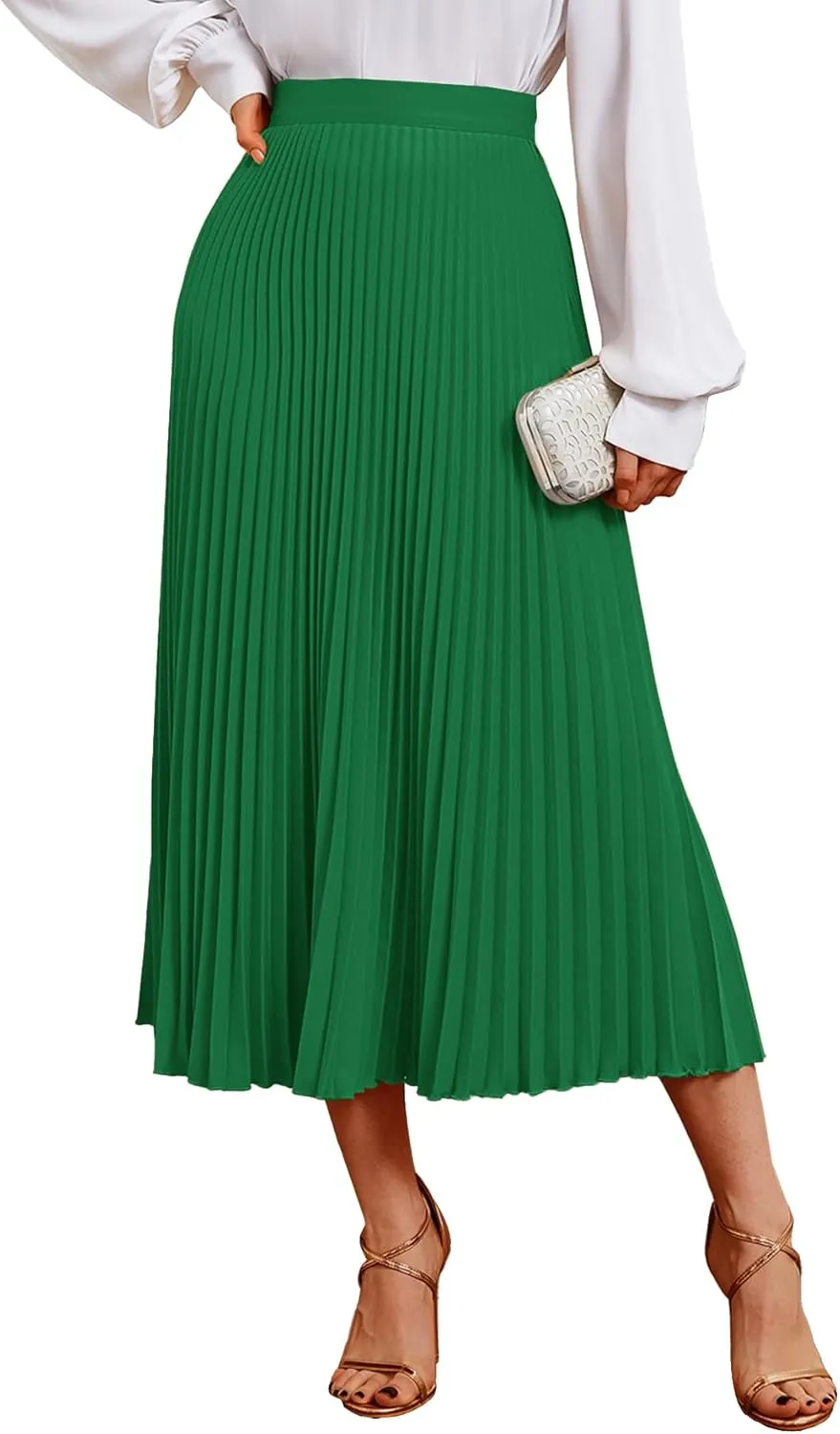 Vrtige Women's Elegant Elastic High Waist Pleated Ruffle Hem A-Line Midi Skirt