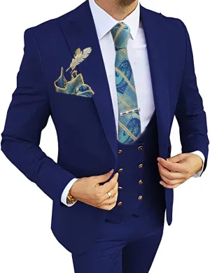 Wangyue 3 Piece Men's Suits Slim Fit Double Breasted Suit Gold Button Blazer Vest Pants Wedding Suit for Men