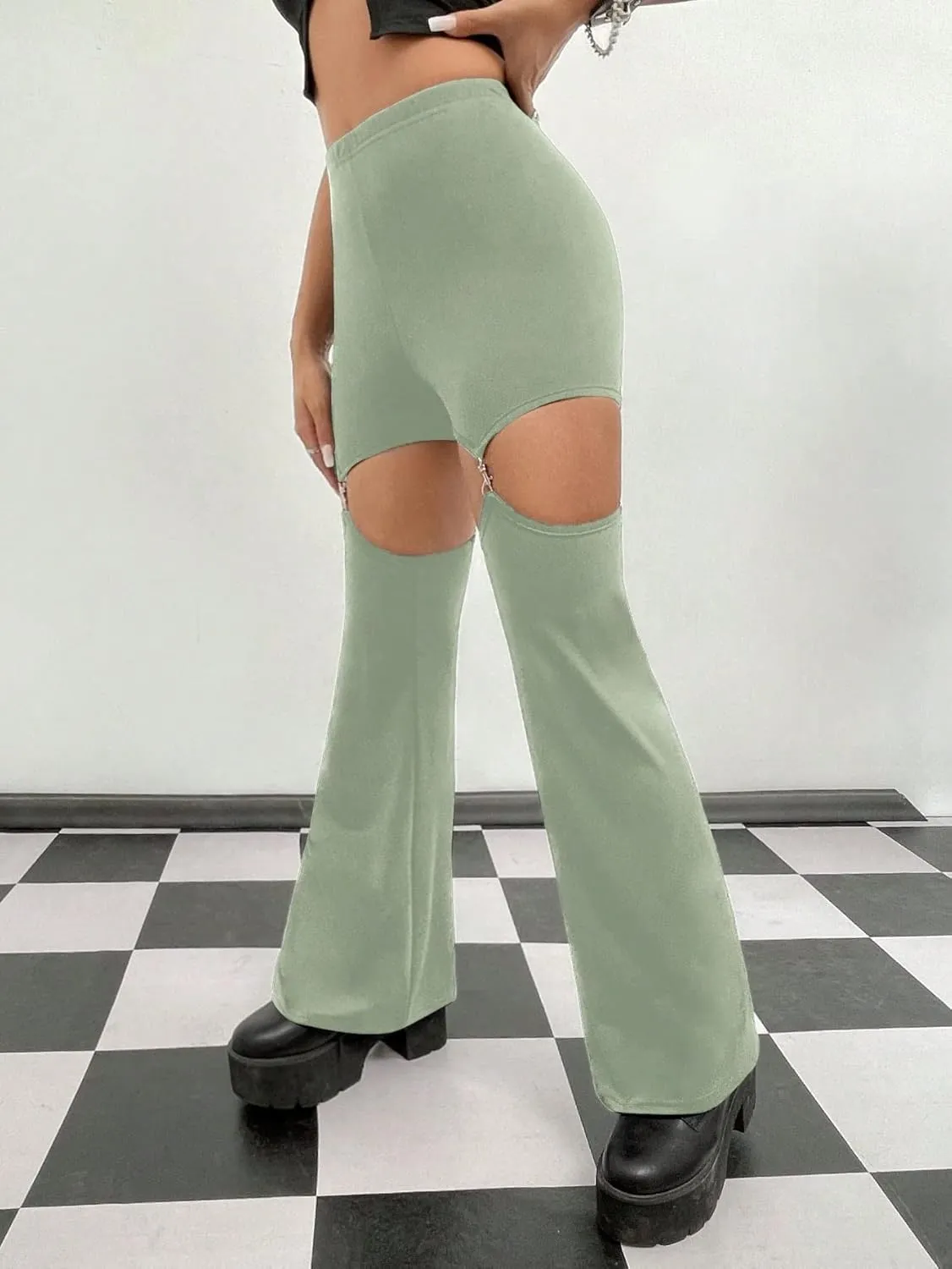 WDIRARA Flare Leggings for Women Cut Out Removable Flare Pants High Waisted Bell Bottom Pants Elastic for Concert Night Out