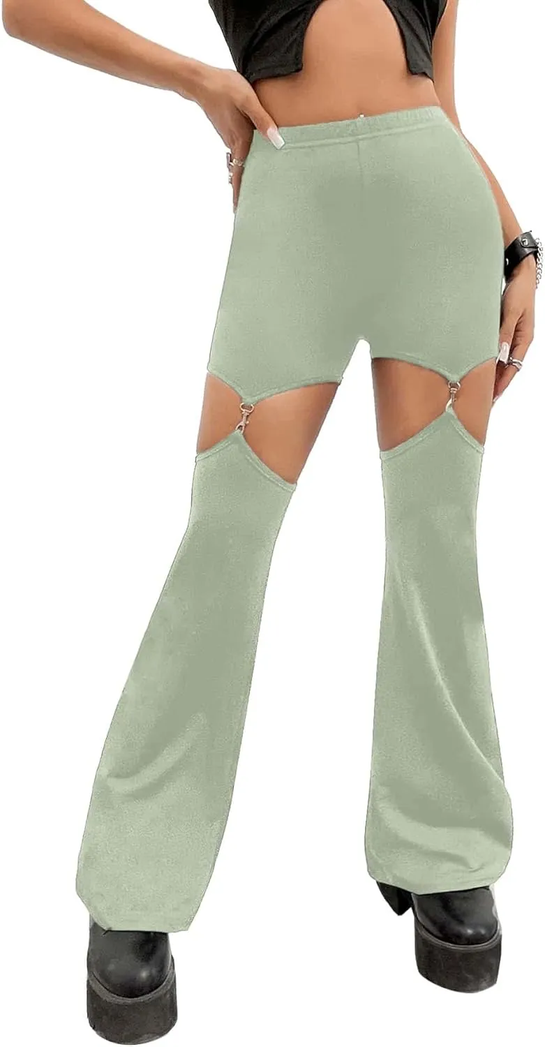 WDIRARA Flare Leggings for Women Cut Out Removable Flare Pants High Waisted Bell Bottom Pants Elastic for Concert Night Out