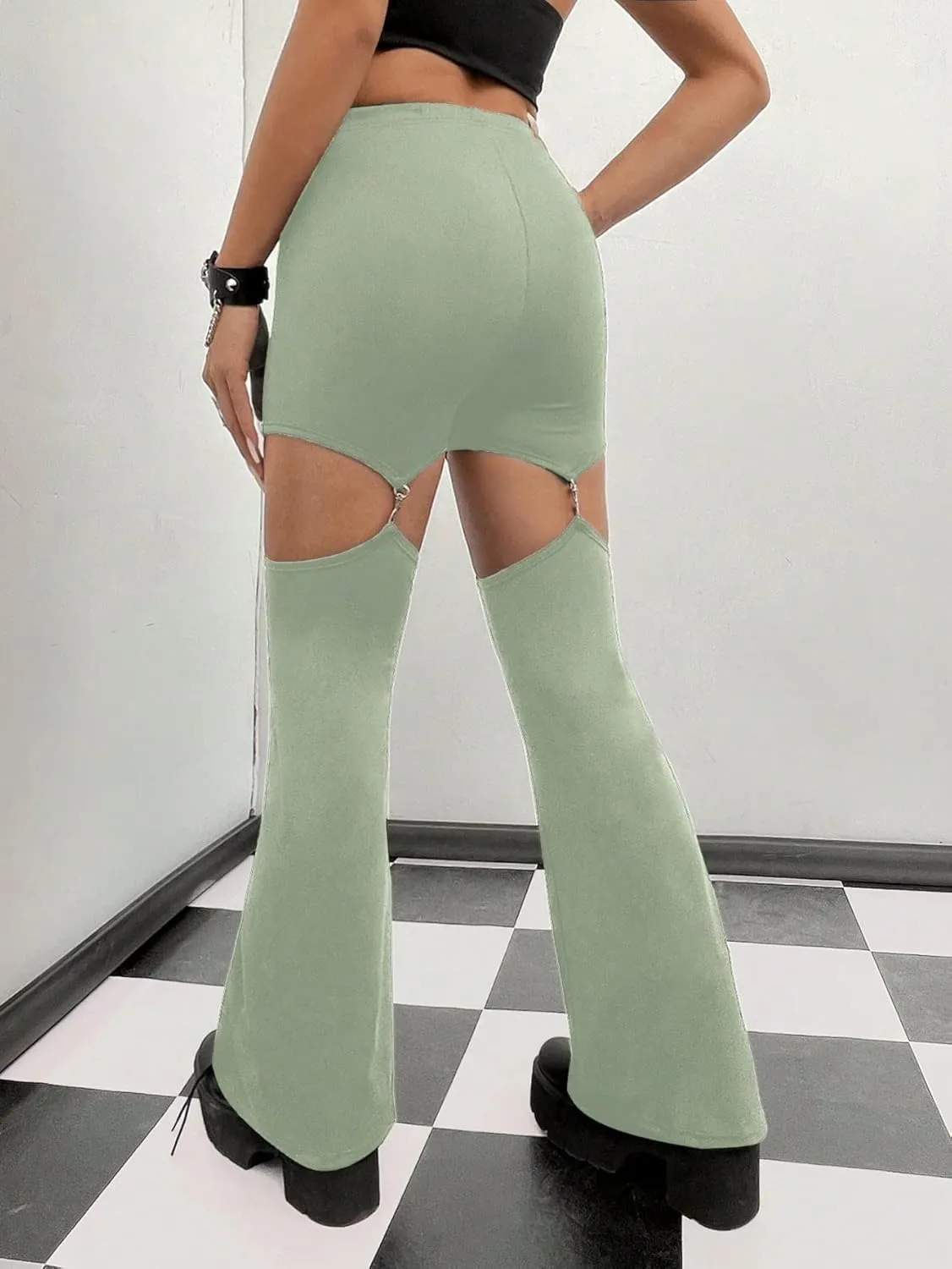 WDIRARA Flare Leggings for Women Cut Out Removable Flare Pants High Waisted Bell Bottom Pants Elastic for Concert Night Out
