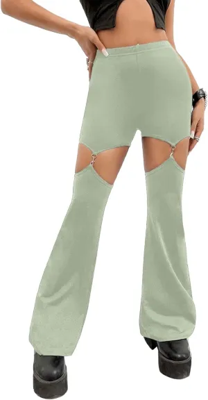 WDIRARA Flare Leggings for Women Cut Out Removable Flare Pants High Waisted Bell Bottom Pants Elastic for Concert Night Out