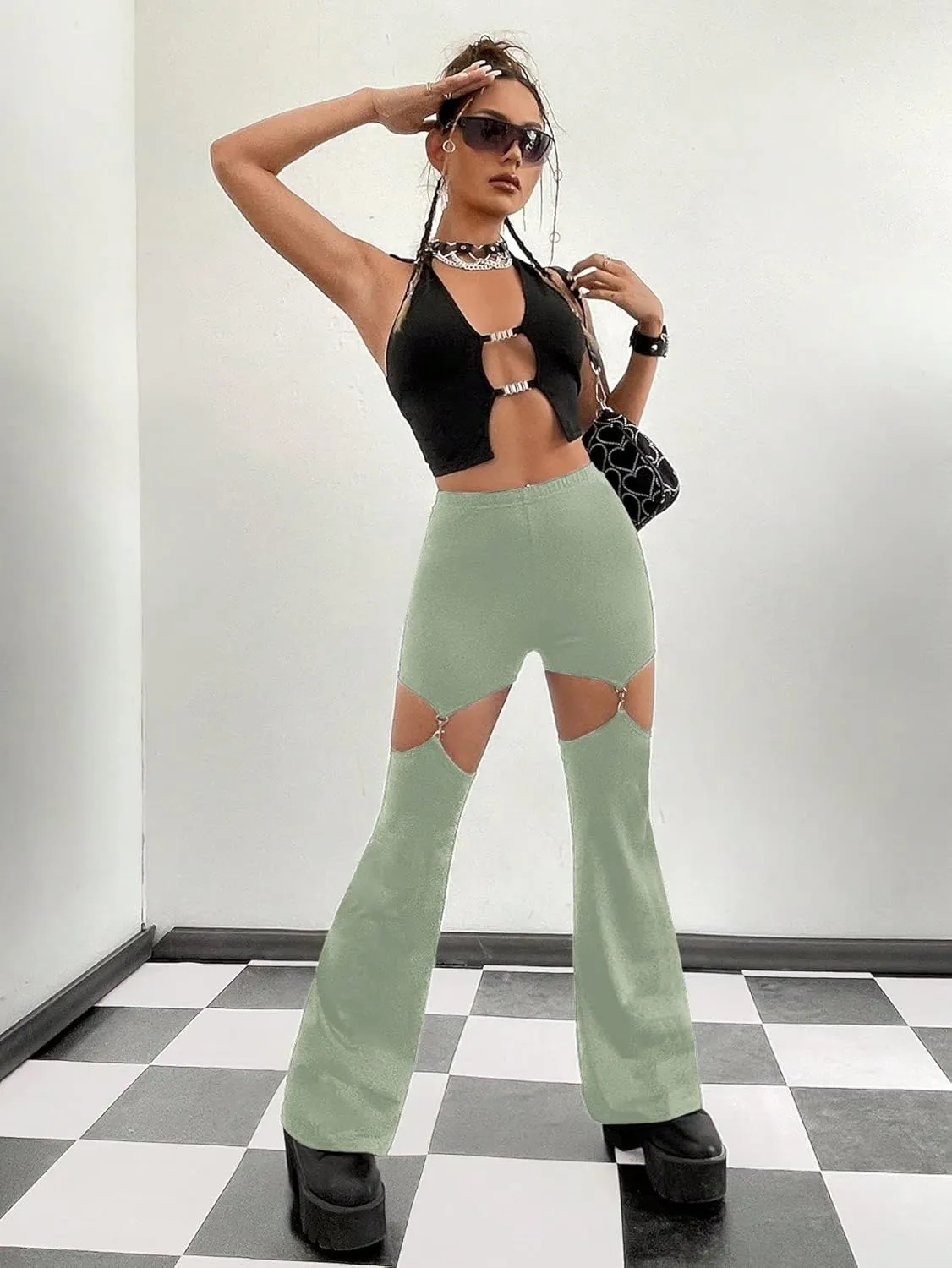 WDIRARA Flare Leggings for Women Cut Out Removable Flare Pants High Waisted Bell Bottom Pants Elastic for Concert Night Out