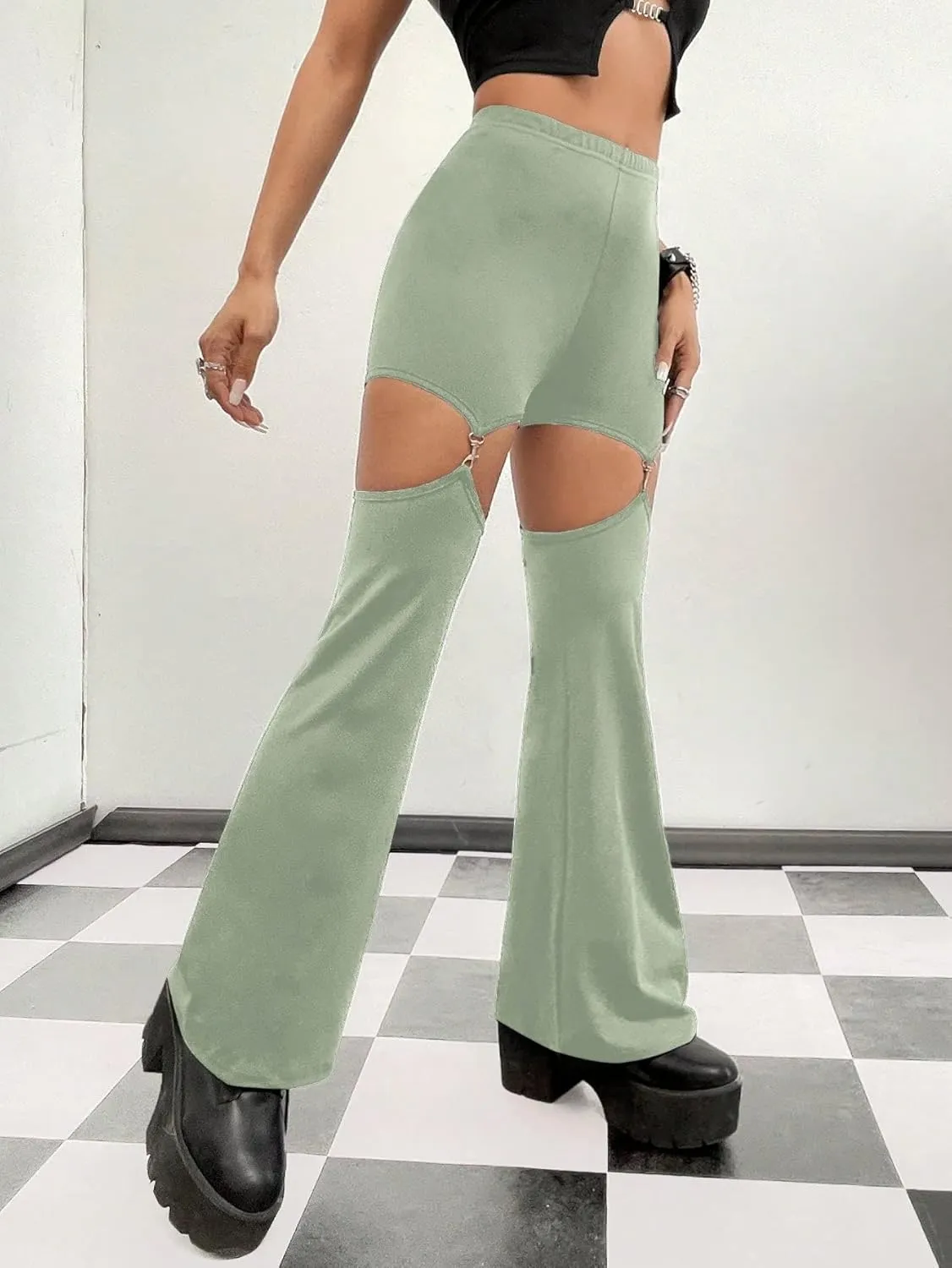 WDIRARA Flare Leggings for Women Cut Out Removable Flare Pants High Waisted Bell Bottom Pants Elastic for Concert Night Out