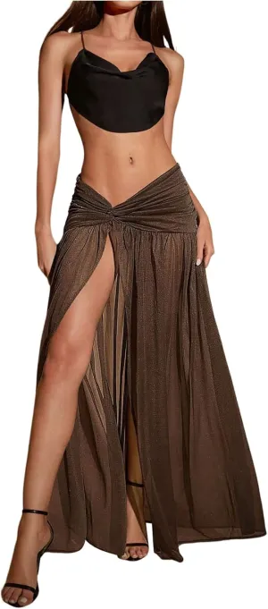 WDIRARA Women's Ruched Sheer High Split Maxi Skirt Twist Front Cut Out Flowy Skirts