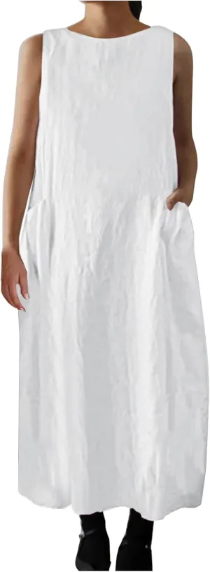 Women 2025 Sleeveless Tank Dress Casual Crew Neck Summer Beach Long Maxi Dresses Loose Sundress with Pocket