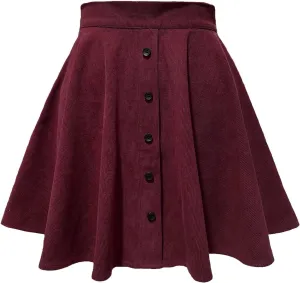 Women Button Front Mini Skirt A-Line Pleated Corduroy Flowy Swing Skirts Women High Waist Summer Vintage Casual Skirt