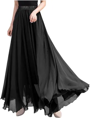 Women High Elastic Waist Pleated Chiffon Skirt Midi Swing A-line Skirts Retro Long Maxi Dress Summer Beach Dresses
