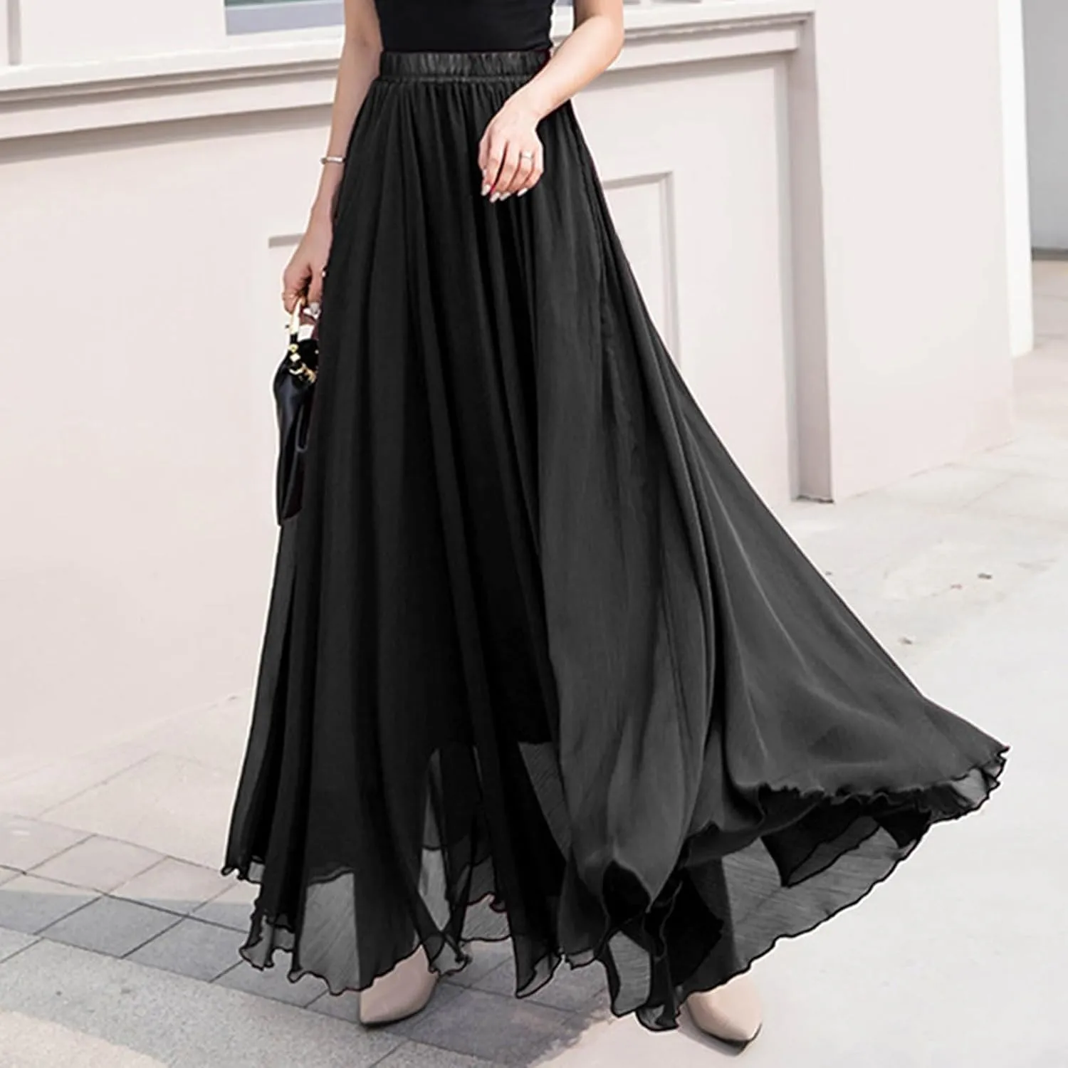 Women High Elastic Waist Pleated Chiffon Skirt Midi Swing A-line Skirts Retro Long Maxi Dress Summer Beach Dresses