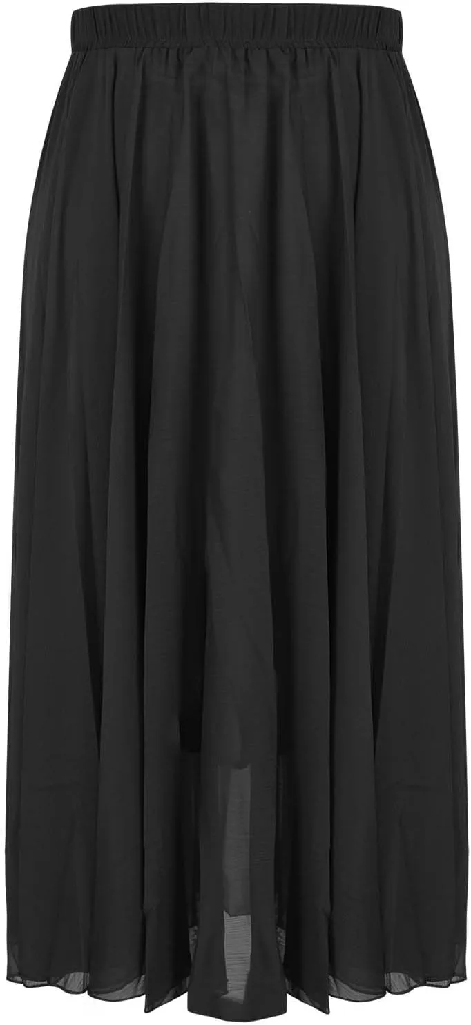Women High Elastic Waist Pleated Chiffon Skirt Midi Swing A-line Skirts Retro Long Maxi Dress Summer Beach Dresses