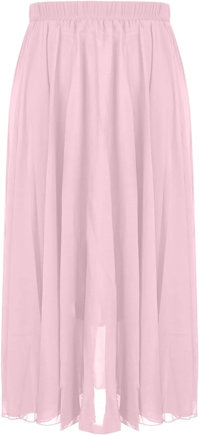 Women High Elastic Waist Pleated Chiffon Skirt Midi Swing A-line Skirts Retro Long Maxi Dress Summer Beach Dresses