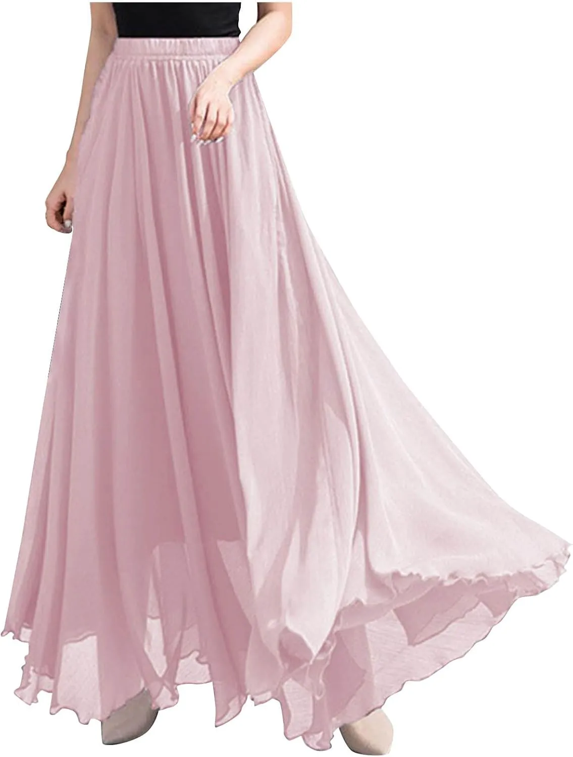 Women High Elastic Waist Pleated Chiffon Skirt Midi Swing A-line Skirts Retro Long Maxi Dress Summer Beach Dresses