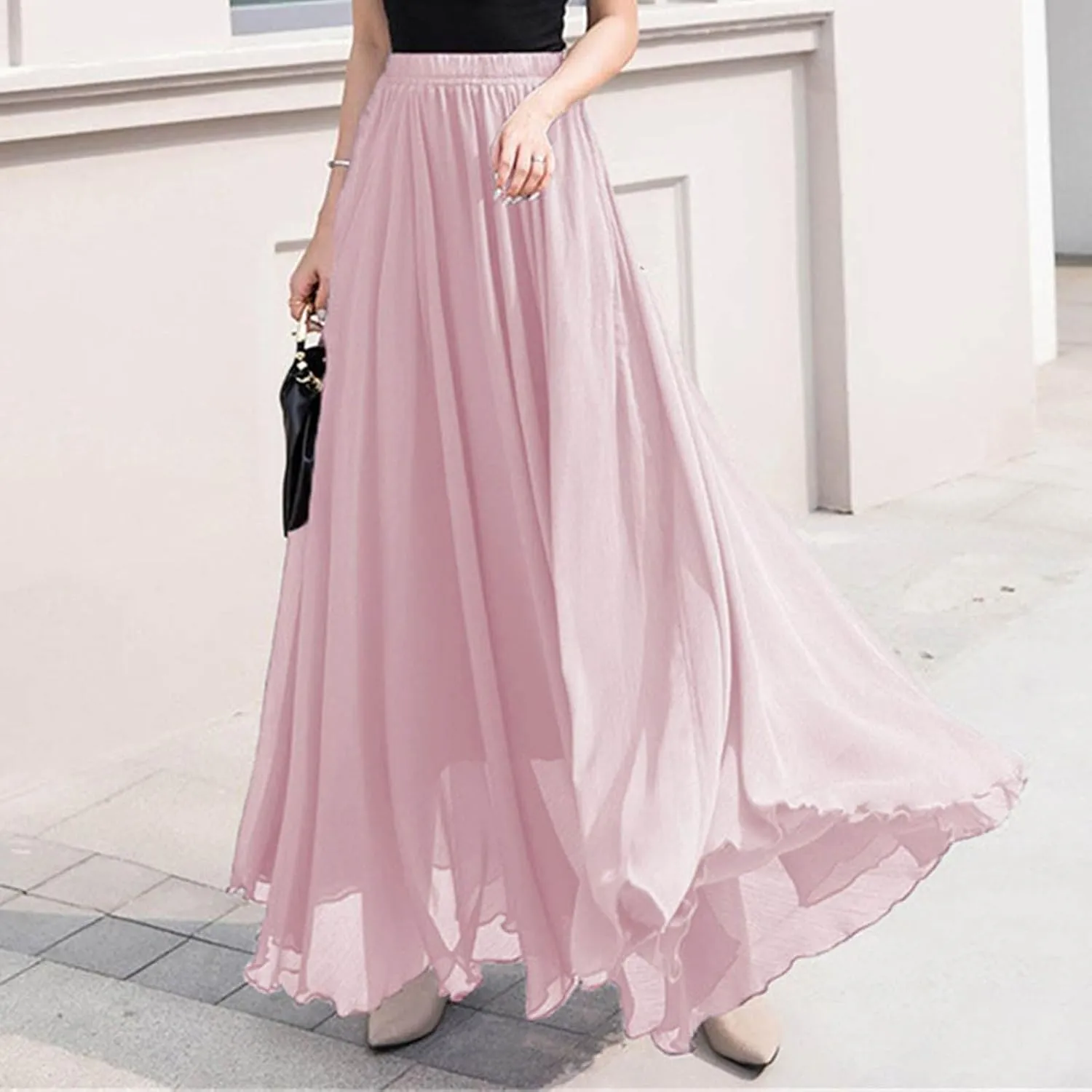 Women High Elastic Waist Pleated Chiffon Skirt Midi Swing A-line Skirts Retro Long Maxi Dress Summer Beach Dresses