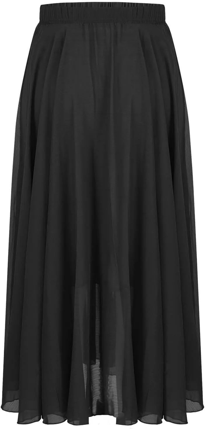 Women High Elastic Waist Pleated Chiffon Skirt Midi Swing A-line Skirts Retro Long Maxi Dress Summer Beach Dresses