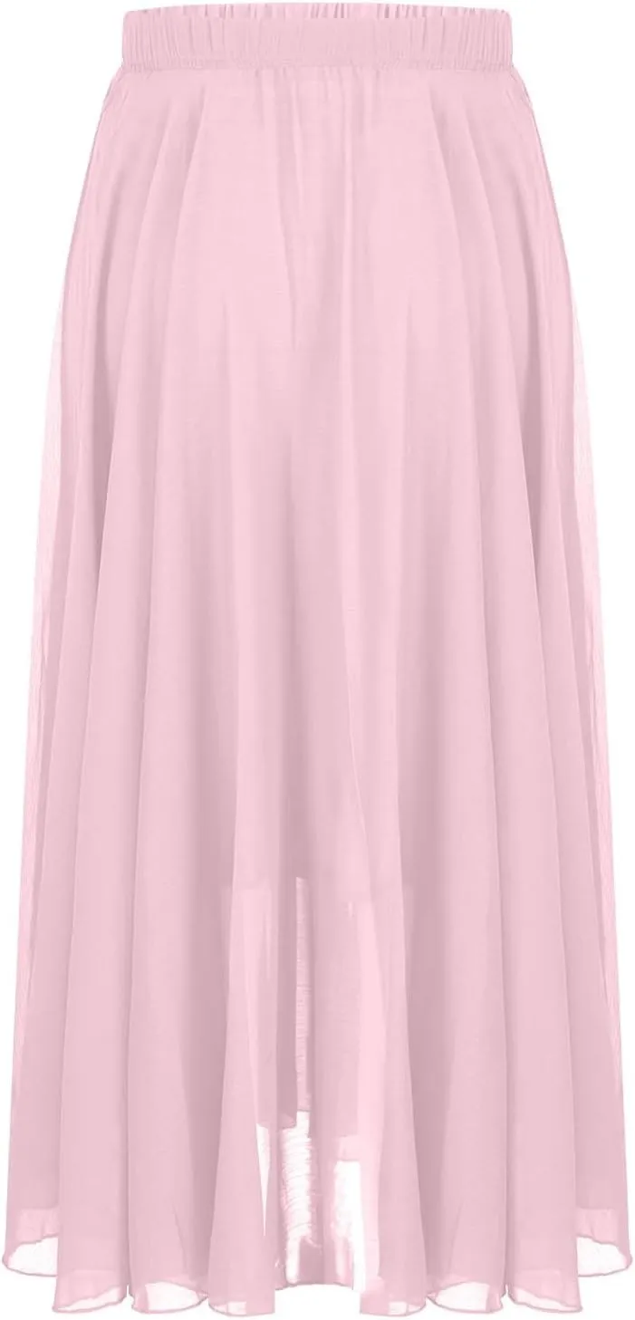 Women High Elastic Waist Pleated Chiffon Skirt Midi Swing A-line Skirts Retro Long Maxi Dress Summer Beach Dresses