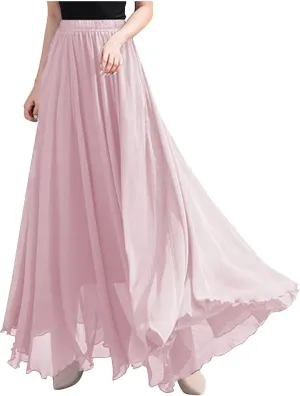 Women High Elastic Waist Pleated Chiffon Skirt Midi Swing A-line Skirts Retro Long Maxi Dress Summer Beach Dresses