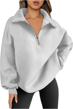 Women Oversized Half Zip Sweatshirt Drop Shoulder Long Sleeves Collar Quarter 1/4 Zipper Pullover Fashion Fall Tops