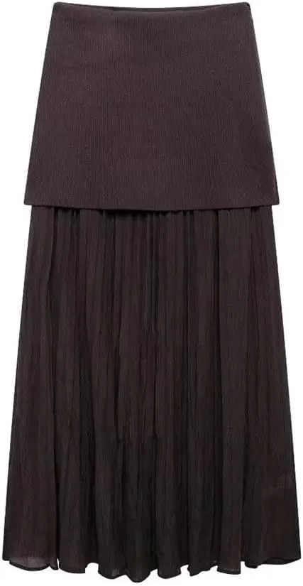 Women Pleated Knit Skirt with Elasticated Waistband High Waist Midi Skirt for Casual Women