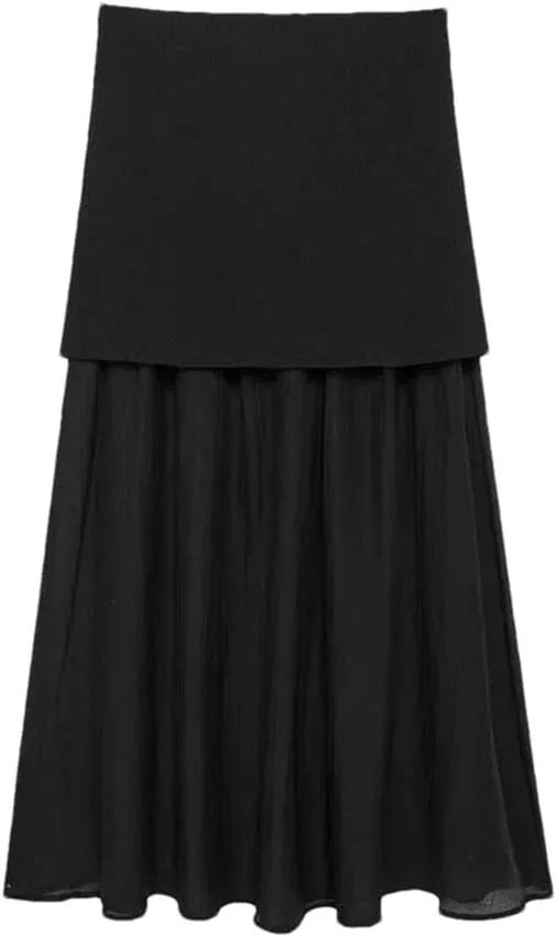 Women Pleated Knit Skirt with Elasticated Waistband High Waist Midi Skirt for Casual Women