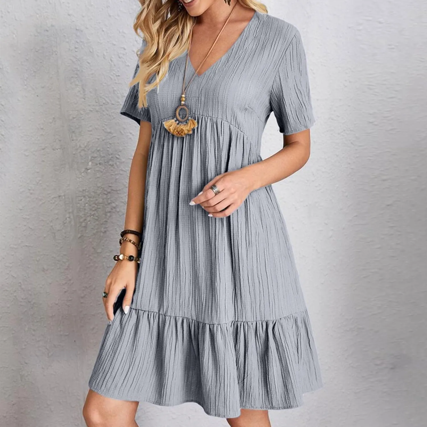 Women Ruffle Tiered Layered Flowy A Line Dresses Short Sleeve V Neck Summer Dress Holiday Casual Beach Sundress