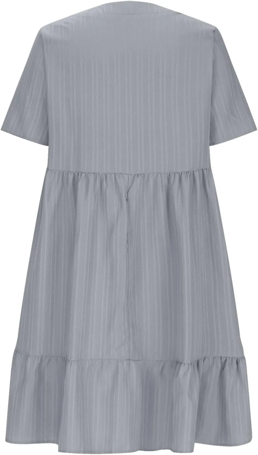Women Ruffle Tiered Layered Flowy A Line Dresses Short Sleeve V Neck Summer Dress Holiday Casual Beach Sundress