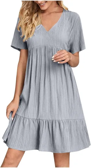 Women Ruffle Tiered Layered Flowy A Line Dresses Short Sleeve V Neck Summer Dress Holiday Casual Beach Sundress