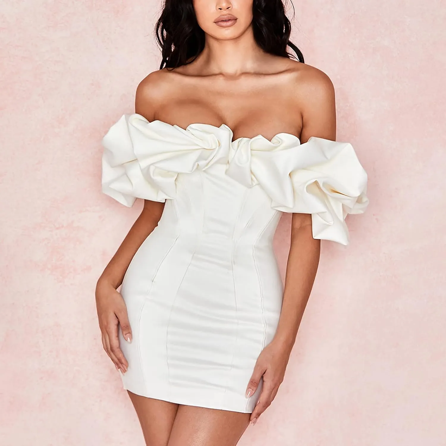 Women Sexy Bodycon Dress Ruffle Sleeve Cocktail Evening Party Elegant Mini Dresses Off Shoulder Slim Fit Club Dress