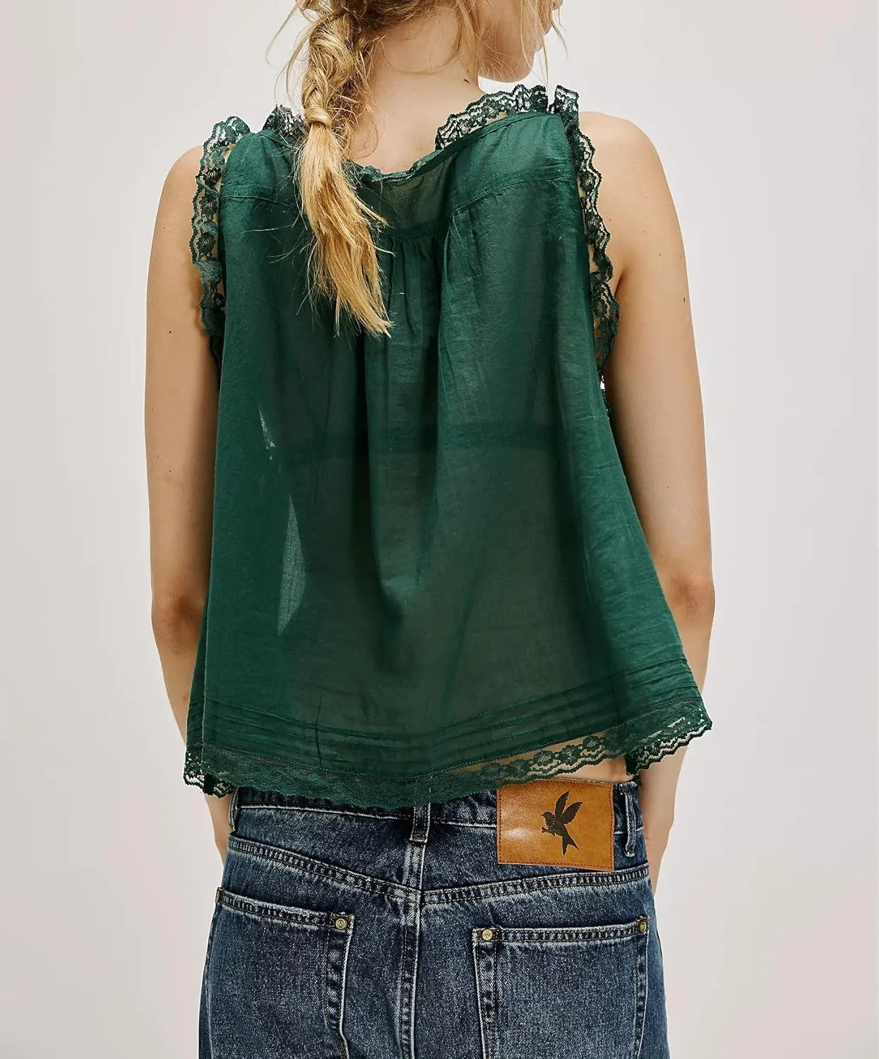 Women Sleeveless Lace Trim Tank Tops Cute Tie Button Front Semi Sheer Crop Vest Summer Ruffled Flowy Cami Shirt