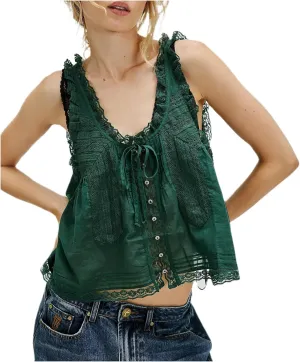 Women Sleeveless Lace Trim Tank Tops Cute Tie Button Front Semi Sheer Crop Vest Summer Ruffled Flowy Cami Shirt