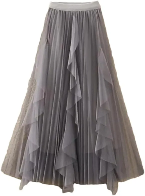 Women Spring Summer Elastic High Waist A-Line Skirt Female Midi Long Mesh Party Skirts