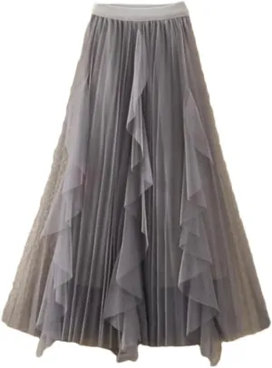 Women Spring Summer Elastic High Waist A-Line Skirt Female Midi Long Mesh Party Skirts