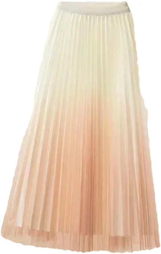 Women Spring Summer Gradient Pleated Mesh Skirts Elastic High Waist Casual A-Line Party Midi Long Skirt