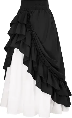 Women Steampunk Pleated Asymmetric Skirts High Waisted Plus Size Ruffle Hem Renaissance Skirt Layered Tiered Dress