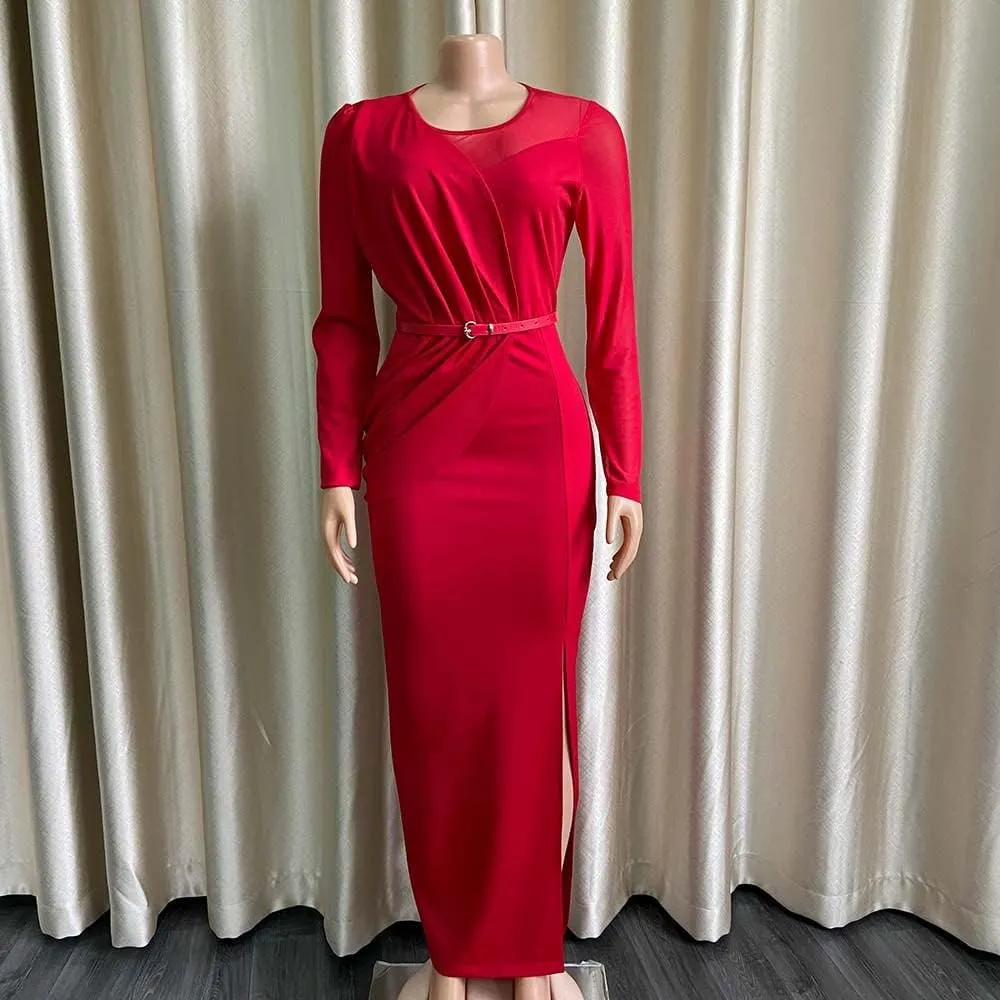 Women Summer Casual Dresses 3 Colors Solid Long Sleeve Mesh Bodycon Pencil Sexy Formal Gowns and Evening Maxi Dress