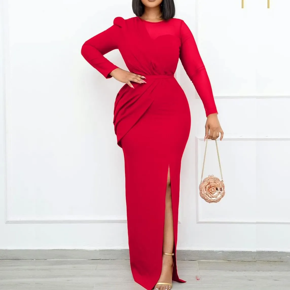 Women Summer Casual Dresses 3 Colors Solid Long Sleeve Mesh Bodycon Pencil Sexy Formal Gowns and Evening Maxi Dress