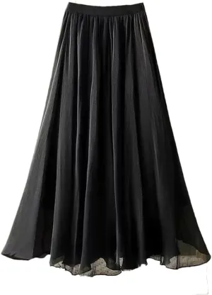 Women Summer Chiffon Midi Skirt Double Layer A-Line Skirt High Waist Ruffles Skirts