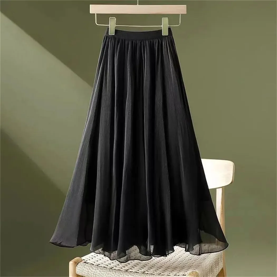 Women Summer Chiffon Midi Skirt Double Layer A-Line Skirt High Waist Ruffles Skirts