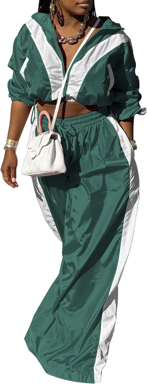 Women Sweatsuits 2 Piece Outfit Color Block Crop Zipper Tops & Elastic Waist Wide Leg Pants Sets Streetwear Tracksuit