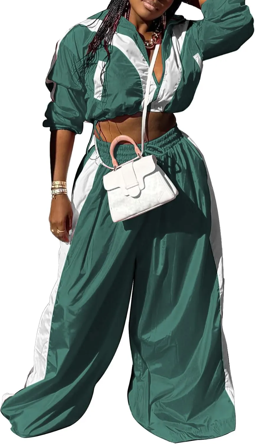 Women Sweatsuits 2 Piece Outfit Color Block Crop Zipper Tops & Elastic Waist Wide Leg Pants Sets Streetwear Tracksuit