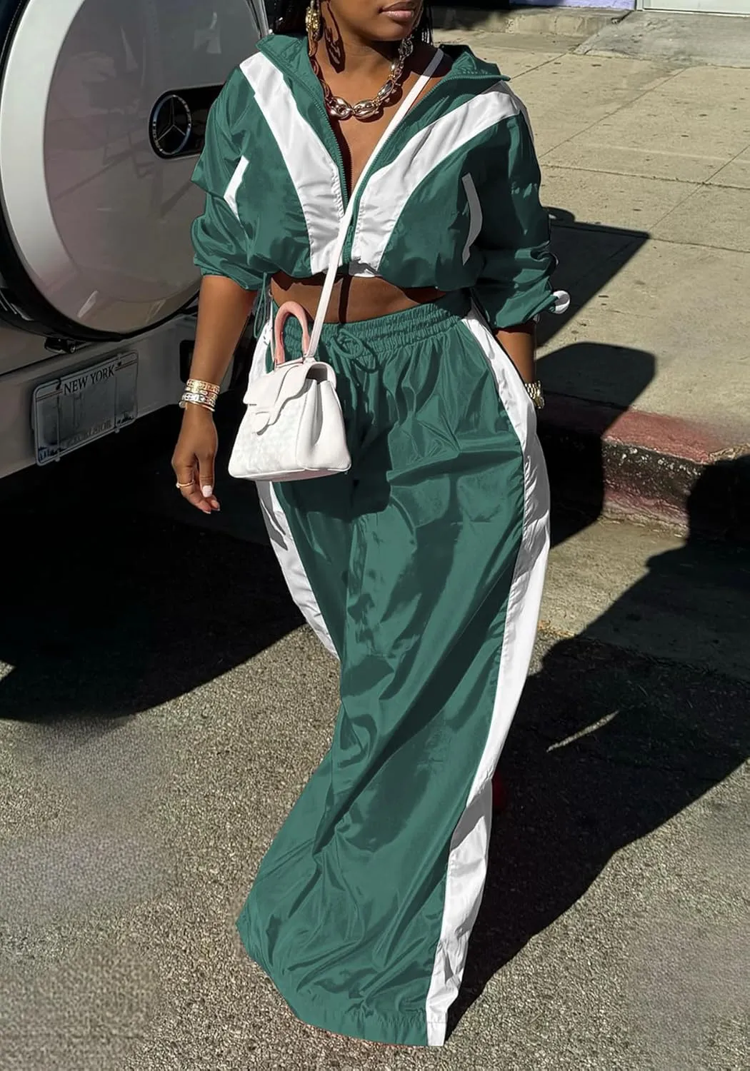 Women Sweatsuits 2 Piece Outfit Color Block Crop Zipper Tops & Elastic Waist Wide Leg Pants Sets Streetwear Tracksuit