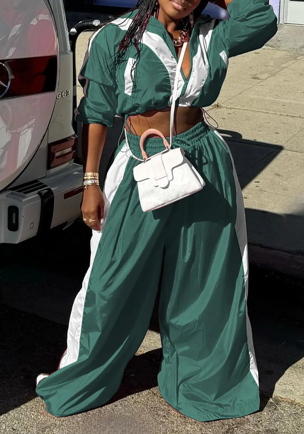 Women Sweatsuits 2 Piece Outfit Color Block Crop Zipper Tops & Elastic Waist Wide Leg Pants Sets Streetwear Tracksuit