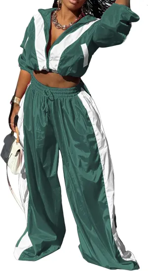 Women Sweatsuits 2 Piece Outfit Color Block Crop Zipper Tops & Elastic Waist Wide Leg Pants Sets Streetwear Tracksuit