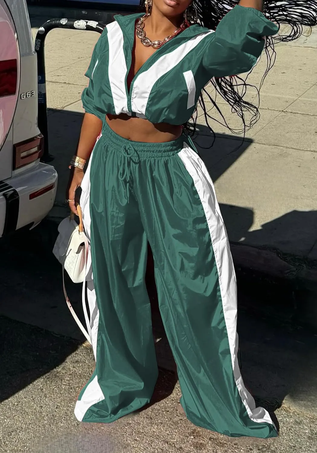 Women Sweatsuits 2 Piece Outfit Color Block Crop Zipper Tops & Elastic Waist Wide Leg Pants Sets Streetwear Tracksuit