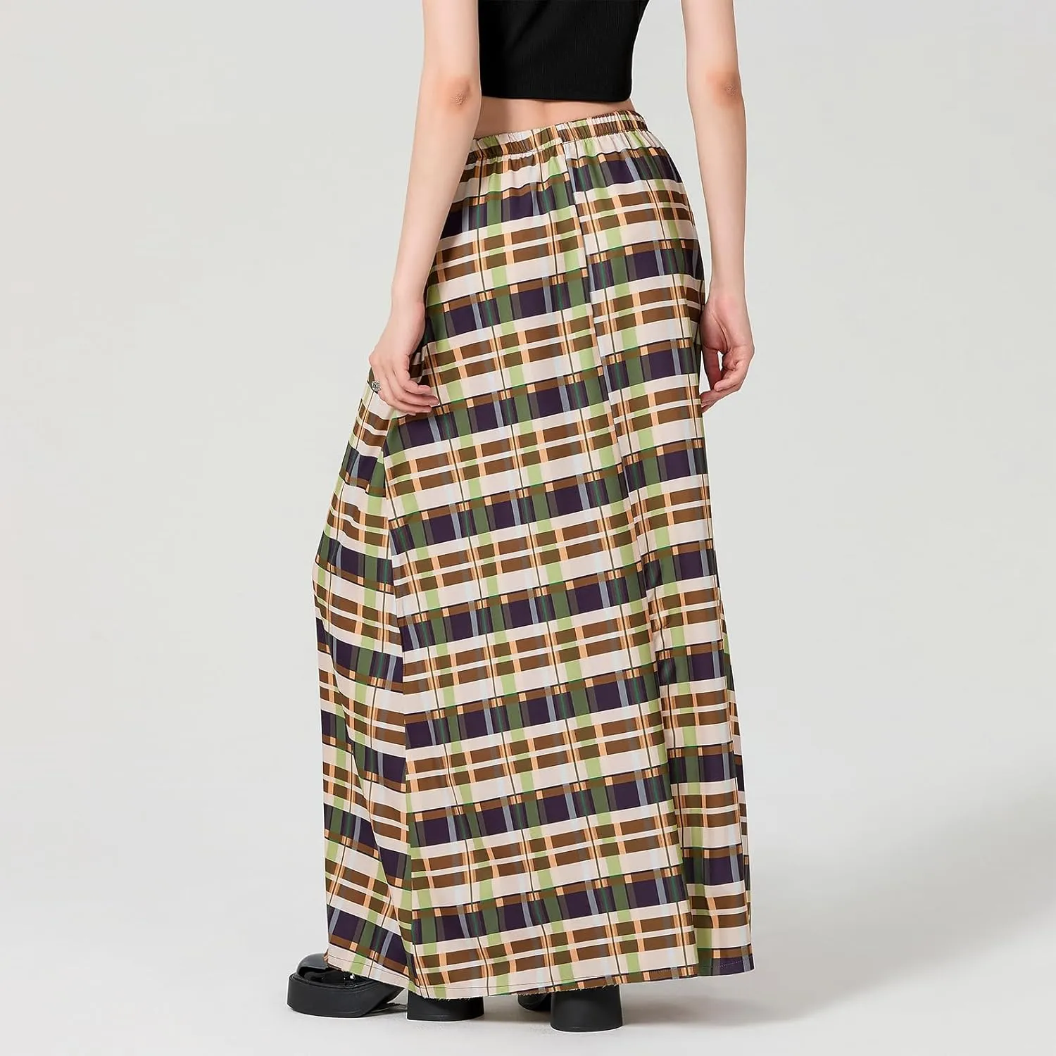 Women Y2K Plaid Maxi Skirt High Waist Gingham Tiered Long Skirt Vintage A-Line Ruffle Flowy Midi Skirt