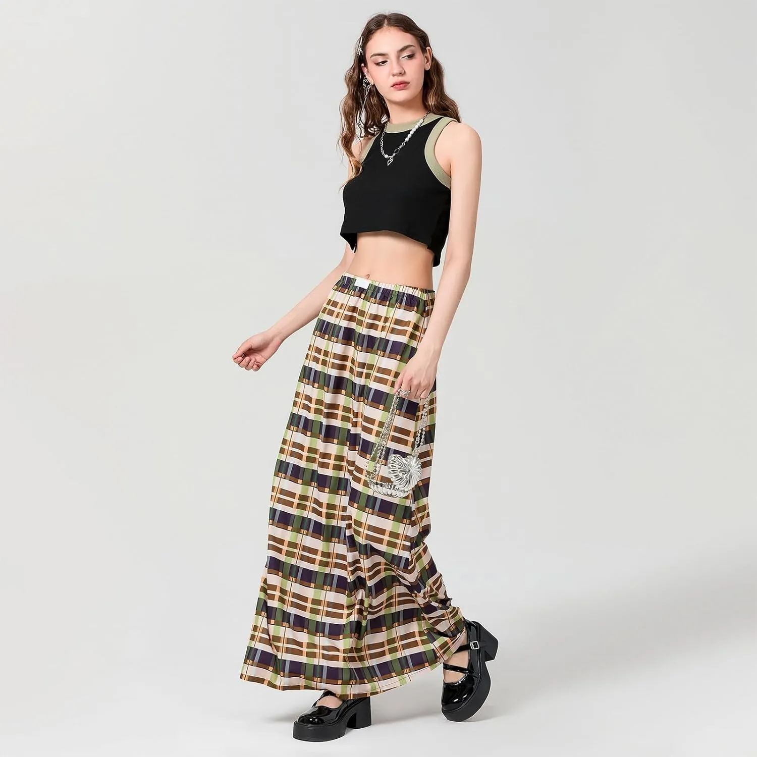 Women Y2K Plaid Maxi Skirt High Waist Gingham Tiered Long Skirt Vintage A-Line Ruffle Flowy Midi Skirt