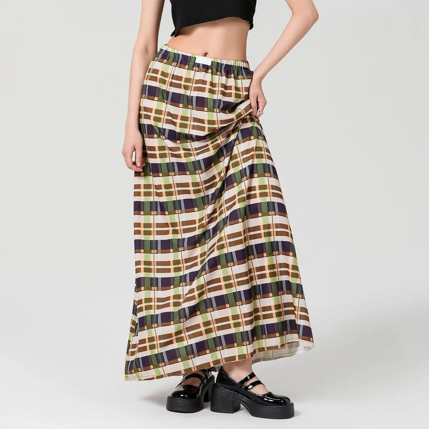 Women Y2K Plaid Maxi Skirt High Waist Gingham Tiered Long Skirt Vintage A-Line Ruffle Flowy Midi Skirt