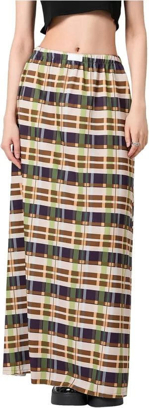 Women Y2K Plaid Maxi Skirt High Waist Gingham Tiered Long Skirt Vintage A-Line Ruffle Flowy Midi Skirt